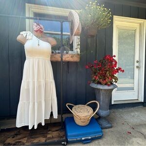 One shoulder mock tie smocked slit flowy white dress whimsical beachy